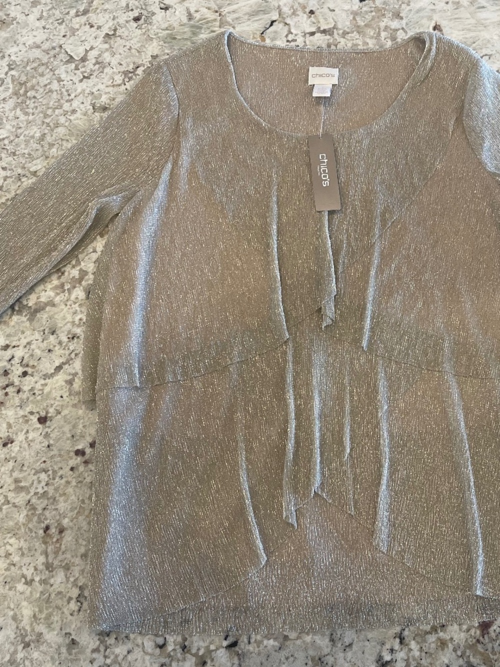 Chico’s Tiered Metallic Long Sleeve Blouse Top Stardust Gold Size‎ 1 (8) Party